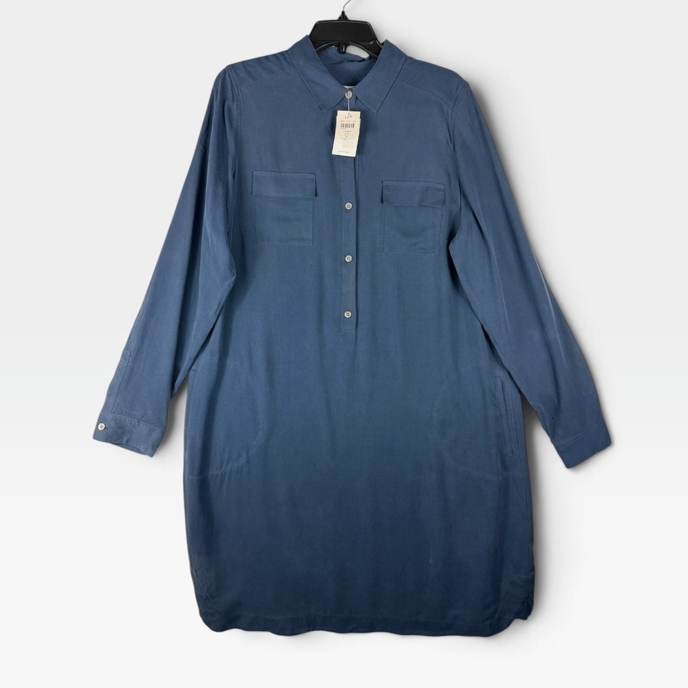 J. Jill Shirt Dress 100% Silk Tunic Womens LT Tall Harbor Blue Pocketed NWT